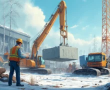 Автокран підіймає бетонний блок